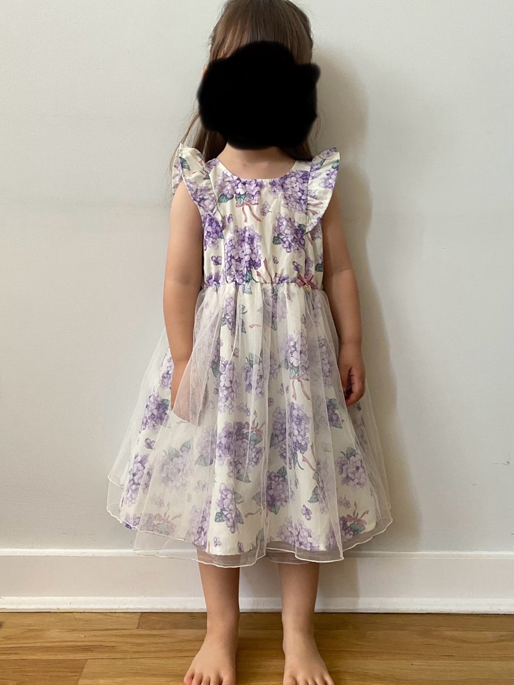 Girls Cream Floral Tulle Party Dress with Purple flower Print